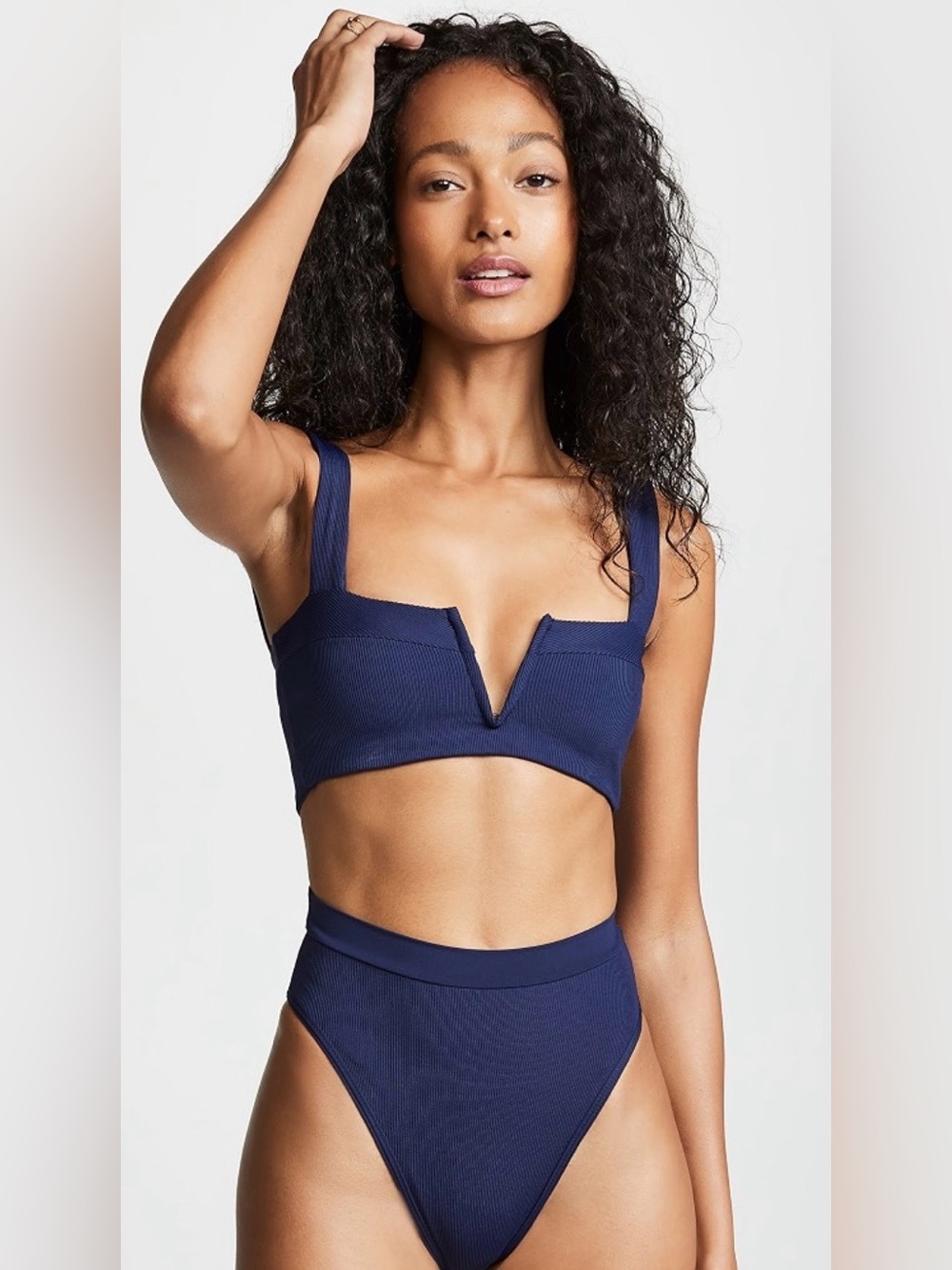 NWT L*Space Bikini Lee Lee V-Neck Top Frenchie High Waist Bottom Navy Ribbed S/M